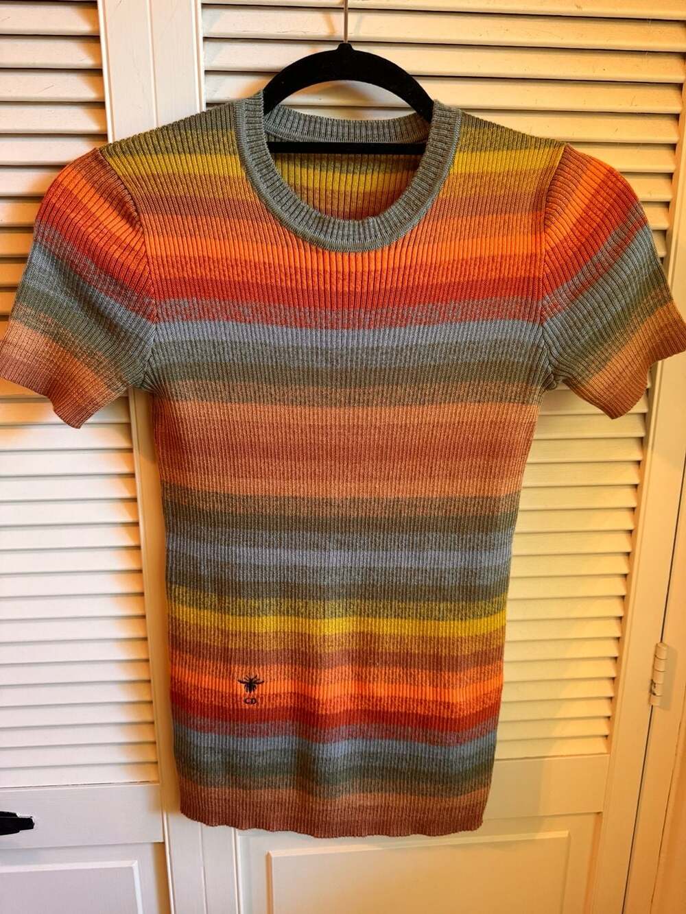Christian Dior Dioraura Rainbow Striped Bee Embroidered Short Sleeve Knit Sweate